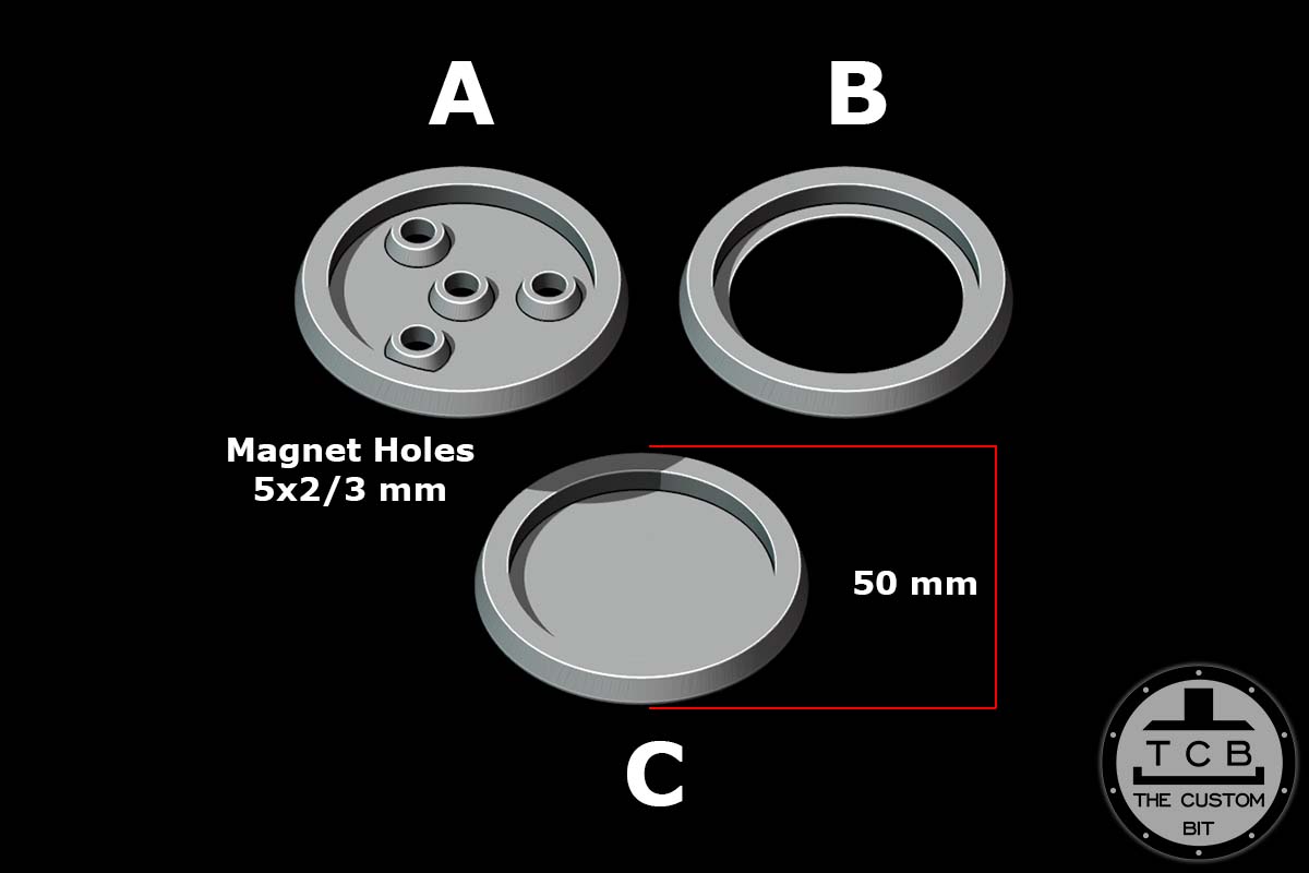 TCB THE CUSTOM BIT ROUND BASE ADAPTER 40 TO 50 AND 25 TO 28 A B C PHYSICAL AND STL WARHAMMER 40K TAU KROOT